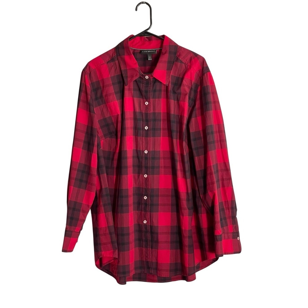 Lane Bryant Women Top Button Front Black Red Buffalo Check Sz 22 Lightweight
